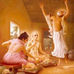 When Lord Chaitanya and Nityananda were eating in the home of Advaita Acharya, Lord Nityananda jokingly told Advaita to take away the foodstuff. He threw a handful of rice on the floor in front of Him, as if He was angry. A couple pieces of rice touched Advaita's body. When the rice touched him, Advaita thought himself purified by the touch of Lord Nityananda's remnants and he immediately began dancing in various ways. -Summarized from Chaitanya-charitamrita, Madhya-lila 3.93-96